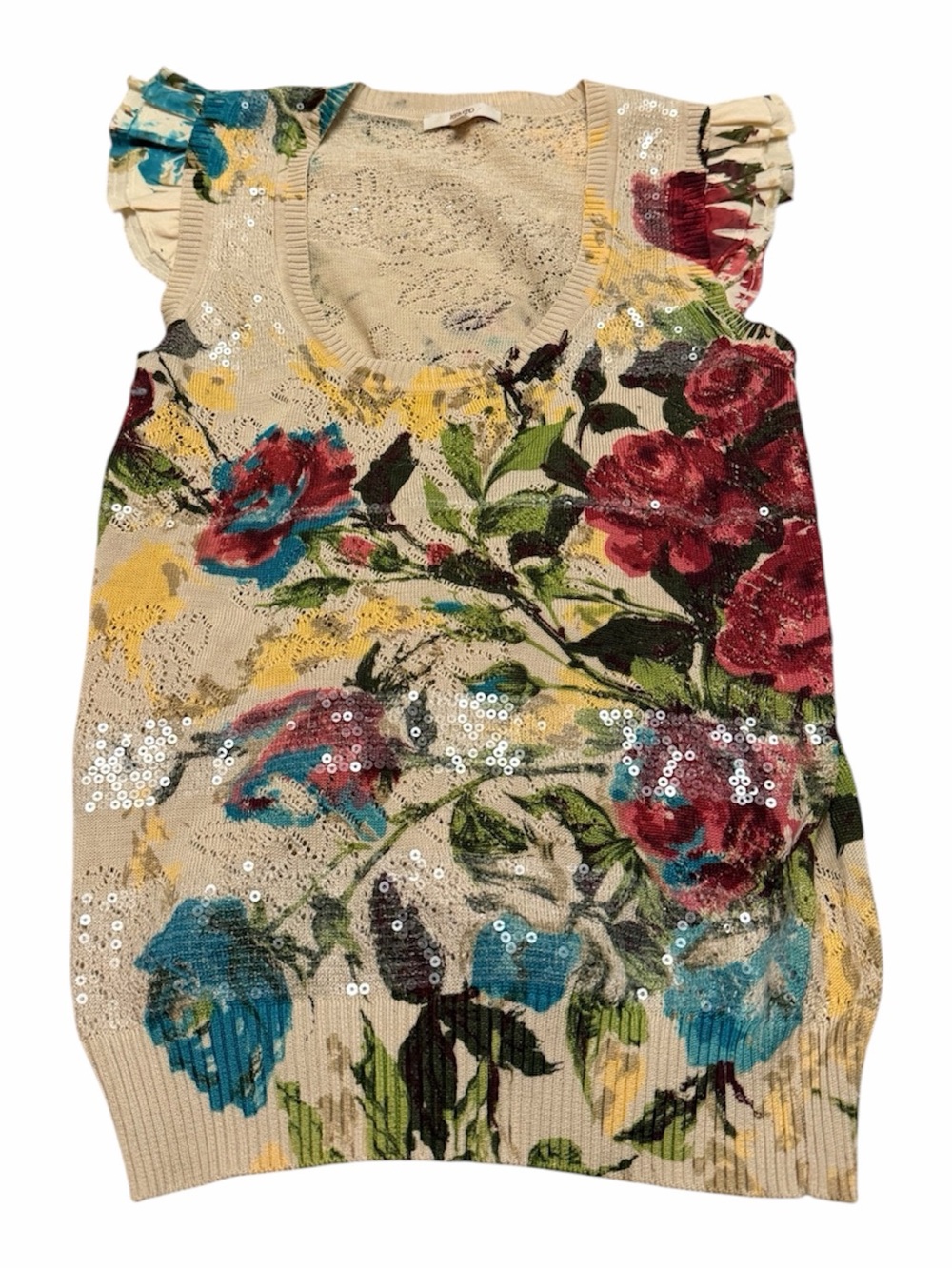 Y2K Kenzo Floral Sequin Knit Tank with Ruffle Sleeves